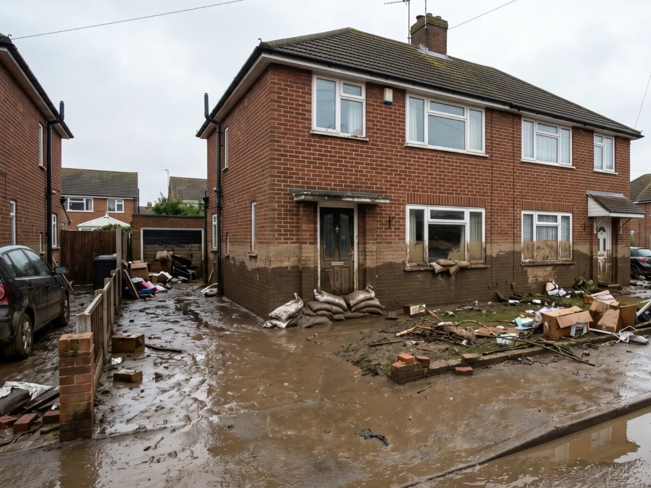 Flood damaged house exterior